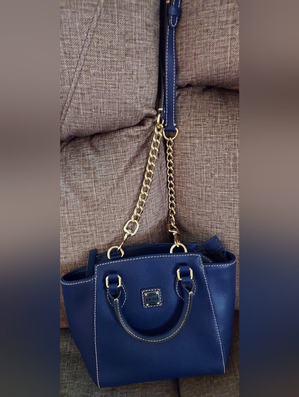 Dooney & Bourke Navy Leather Satchel with Gold-Tone Chain Strap